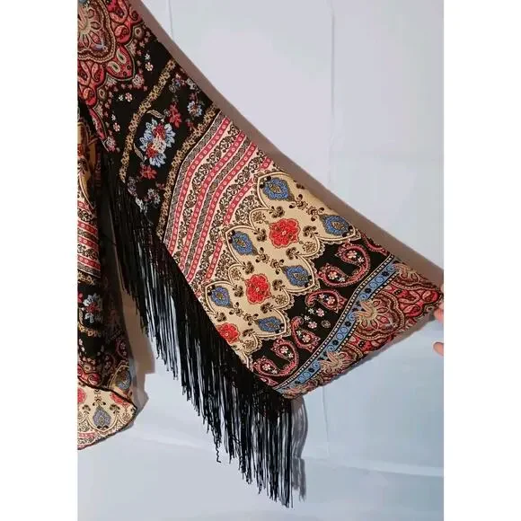 See You Monday Womens Medium Paisley Long Sleeve Black Fringed Cropped Top Boho - Picture 6 of 10